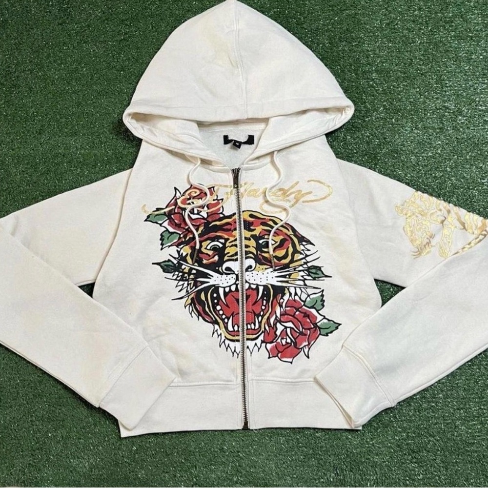 Ed Hardy Cropped White Zip-Up Hoodie with Tiger & Rose Graphic